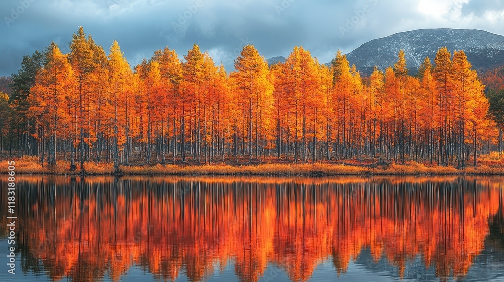 Obraz premium Autumnal Forest Reflecting in Calm Lake Water