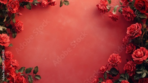 Wallpaper Mural Realistic red roses forming a border around a soft red background, creating a versatile Valentine Day card template with no text Torontodigital.ca