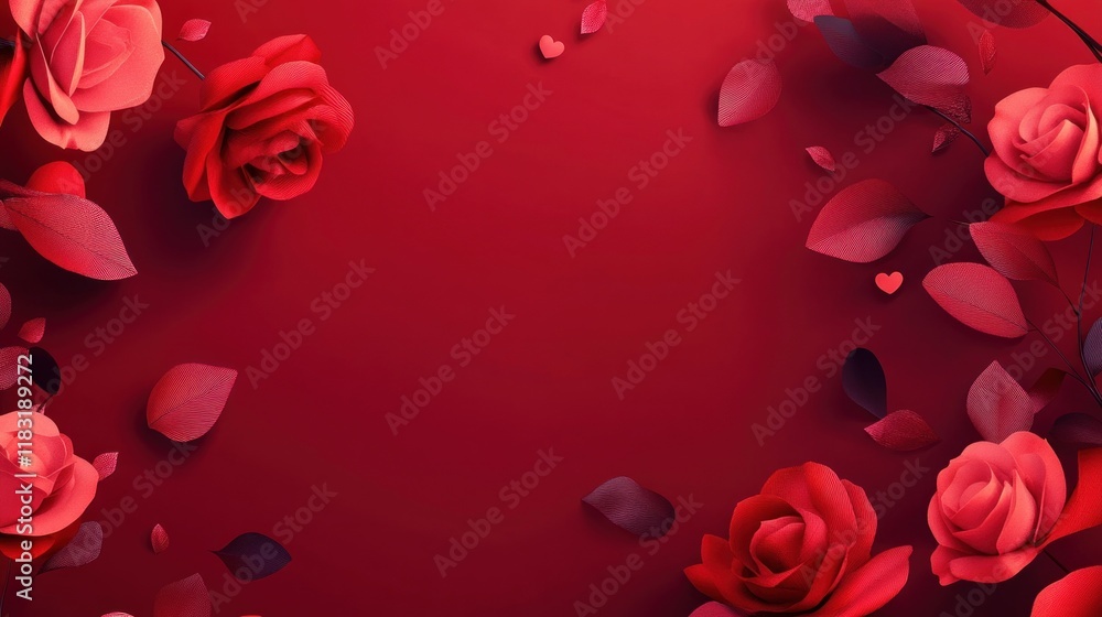 Realistic red roses scattered gracefully on a deep red background, providing a romantic and elegant Valentine Day card template Realistic red roses scattered gracefully on a deep red background, providing a romantic and elegant Valentine Day card template