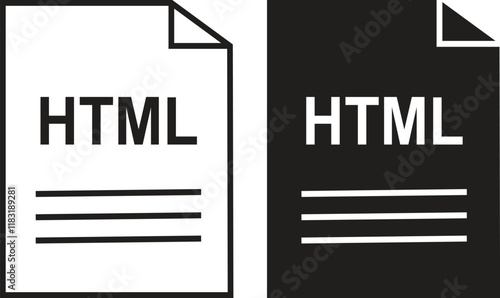 HTML icon set. HTML file type symbol. File HTML format icon in black filled and outlined style isolated on transparent background. Ideal for technology or data related content, vector illustration.