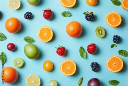 Colorful fruit flatlay pattern, vibrant background, healthy food design photo