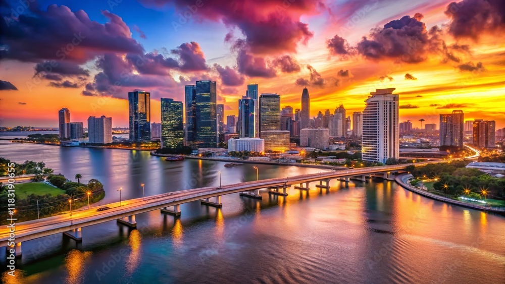 Obraz premium Miami Nightscape: Minimalist Skyline Panorama at Sunset