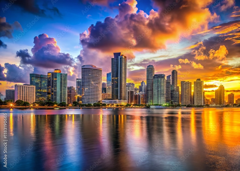 Fototapeta premium Miami Skyline Panorama: Vibrant Night Lights & Cityscape After Sunset