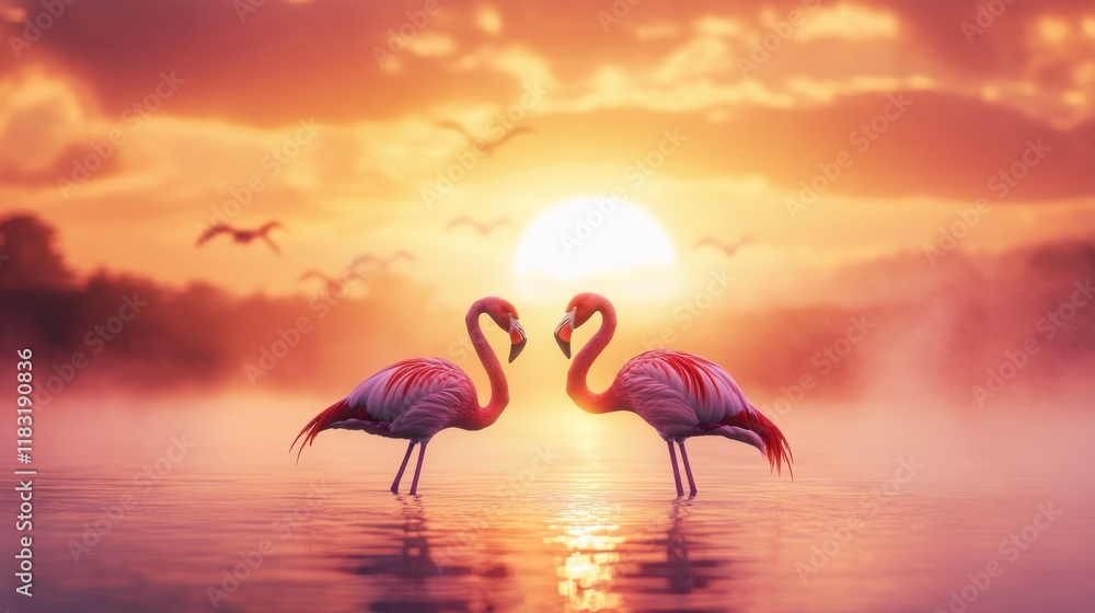 Naklejka premium Romantic pink flamingos on a misty lake at dusk, their necks creating a heart shape against the backdrop of a glowing sunset