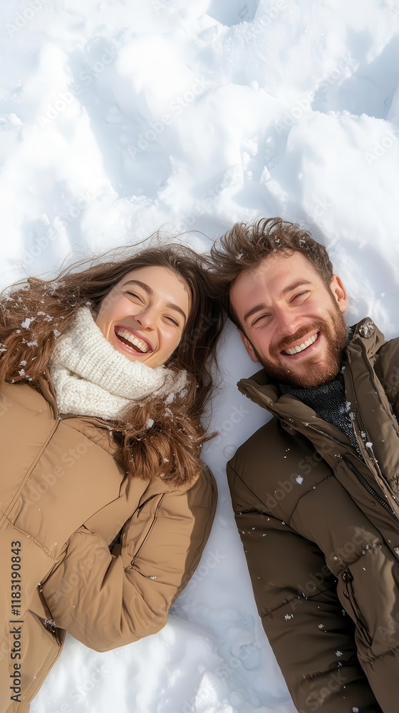 Couples laughing and creating snow angels, embodying the essence of playful winter romance. Couples laughing and creating snow angels, embodying the essence of playful winter romance.