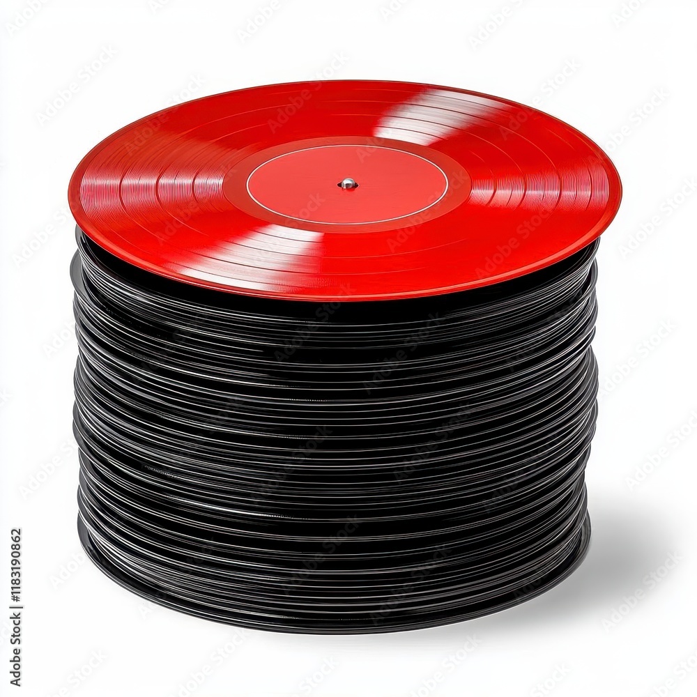 A photostock of a stack of classic vinyl records, neatly arranged on a clean white background, symbolizing retro music and vintage entertainment. High Quality A photostock of a stack of classic vinyl records, neatly arranged on a clean white background, symbolizing retro music and vintage entertainment. High Quality