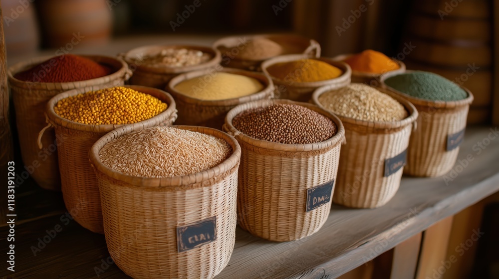 Exploring flavorful spices and grains market stall food photography natural light close-up culinary diversity Exploring flavorful spices and grains market stall food photography natural light close-up culinary diversity