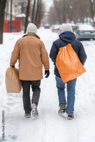 Charity workers spreading warmth by delivering winter clothes on snowy streets, kindness campaigns in full swing. photo