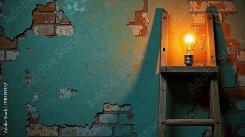 Illuminated Ideas Glowing Bulb on Rustic Wooden Ladder Against Weathered Brick Wall