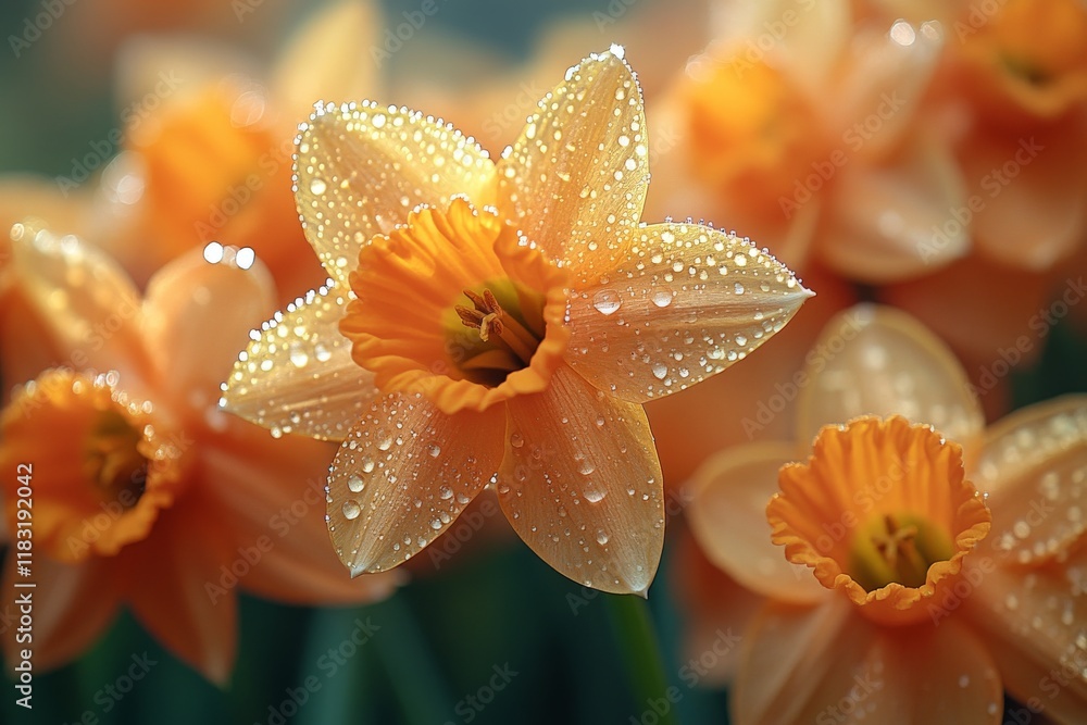 Fototapeta premium A close-up of dew drops on freshly bloomed daffodils