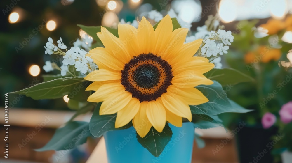 Obraz premium Vibrant Sunflower Bouquet in Blue Pot, Garden Lights Background