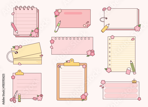 Cute memo boards and decorations. outline vector illustration.