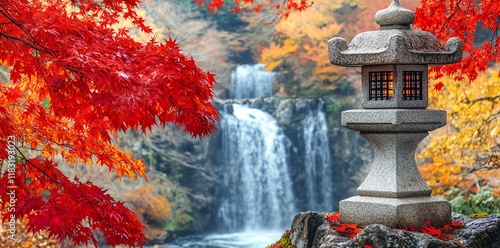 Serene Stone Lantern Amidst Autumn Waterfall and Maple Leaves
