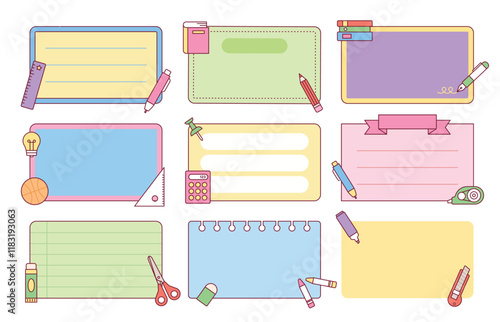 Cute memo pads and decorations. outline vector illustration.