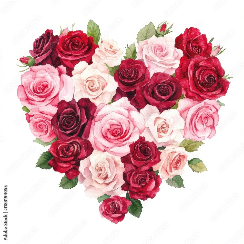 Obraz premium A heart-shaped arrangement of red and pink and white roses flower illustration valentine's.