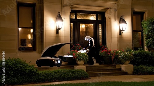 Robotic delivery service at night. A person unloads a package from a small autonomous delivery vehicle at a large mansion's entrance. photo