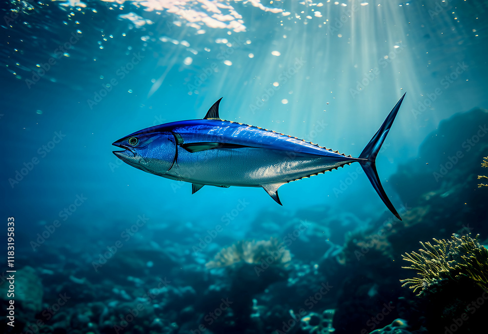 Fototapeta premium tuna underwater bluefin thunnus albacore animal big blue closeup coast wavy eye fin fish fishing food fresh fun game althy hobby industry