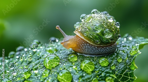Dew-covered snail on a green leaf.