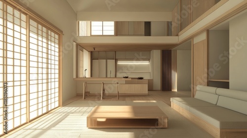 Wallpaper Mural A minimalist home with an open-plan layout, showcasing a modern sofa, coffee table, and neutral tones. Torontodigital.ca