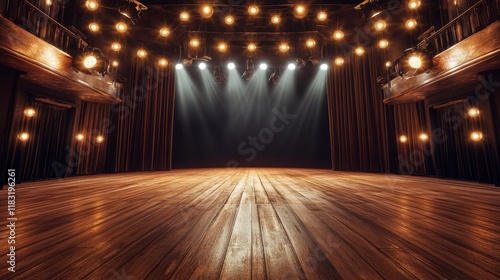 A refined theater setting with heavy curtains, vintage bulbs on the wings, and an expansive polished wooden stage floor.