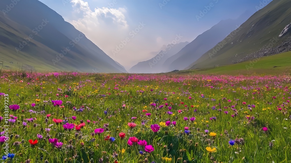 Vibrant Wildflower Meadow in Majestic Mountain Valley Vibrant Wildflower Meadow in Majestic Mountain Valley