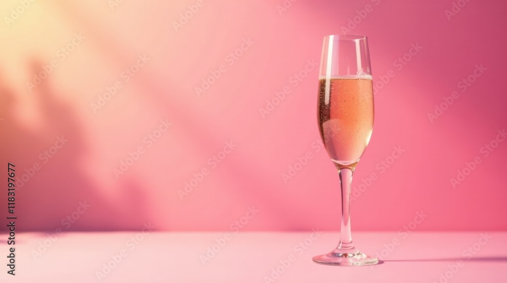 A single glass of sparkling ros? on a pink surface with soft lighting A single glass of sparkling ros? on a pink surface with soft lighting