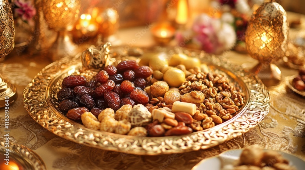 Golden Tray Of Dates Nuts And Sweets Festive Treats Golden Tray Of Dates Nuts And Sweets Festive Treats