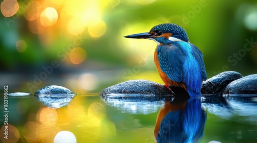 Vibrant kingfisher perched on rocks by calm water, reflecting its plumage. photo