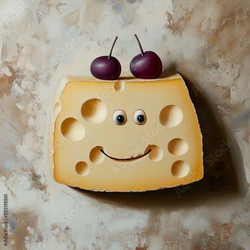 Smiling Cheese with Cherries: A Whimsical Food Painting photo