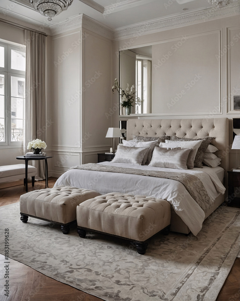 Fototapeta premium Elegant contemporary bedroom with black and white theme large windows and luxury furniture for a modern aesthetic Contemporary Interior Design Inspiration