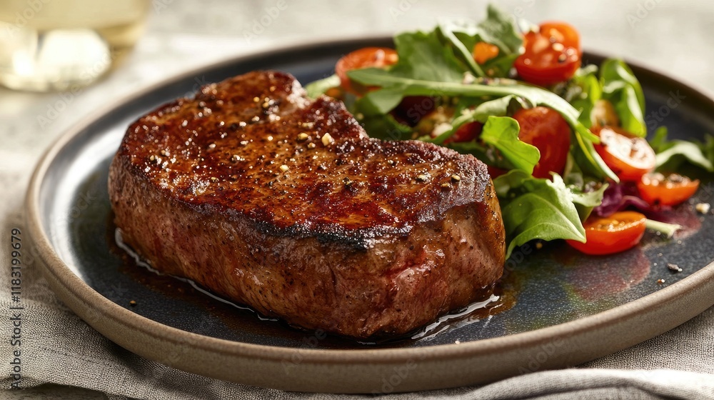 A perfectly seared steak with a rich, charred crust, resting on a plate with a colorful salad on the side. A perfectly seared steak with a rich, charred crust, resting on a plate with a colorful salad on the side.