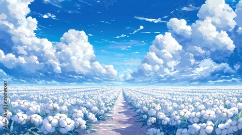 Serene cotton field path under a vast, fluffy sky. photo