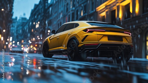 Yellow Luxury SUV Driving Through City Rain photo