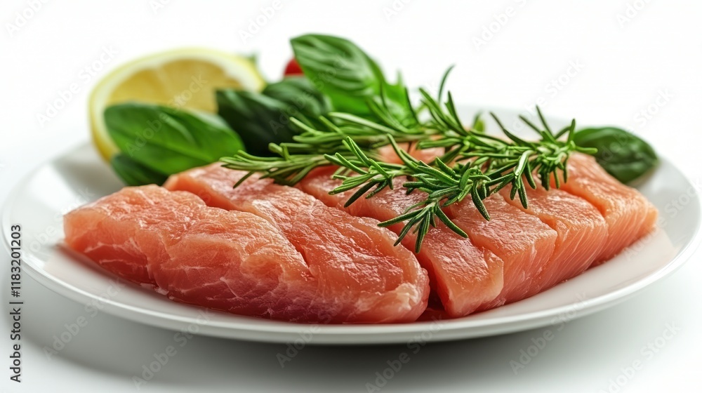 Fresh salmon fillet with herbs and lemon garnish. Fresh salmon fillet with herbs and lemon garnish.