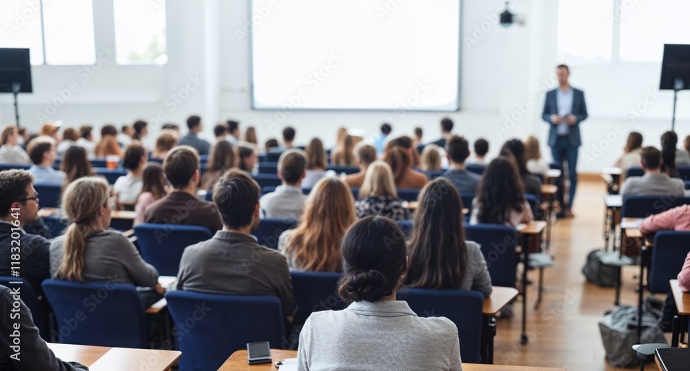 Obraz premium Audience with blurred speaker giving presentation in bright university workshop lecture hall background. Scientific conference presentation event, training, meeting