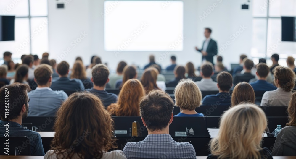 Fototapeta premium Audience with blurred speaker giving presentation in bright university workshop lecture hall background. Scientific conference presentation event, training, meeting