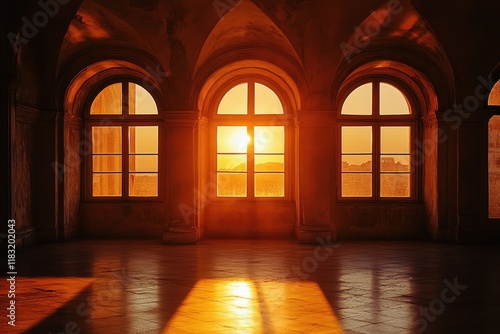 Warm sunlight filters through arched windows in a historic building during sunset in a tranquil setting