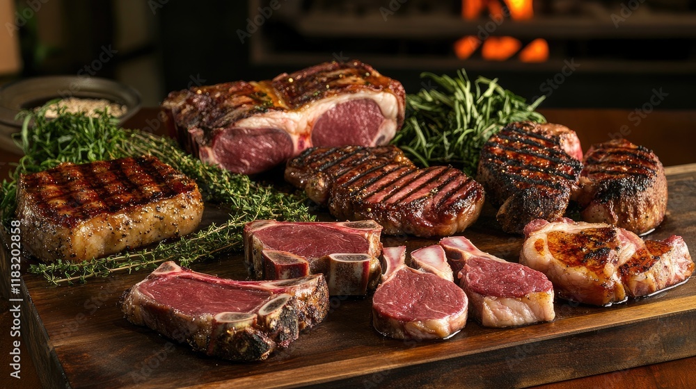 A selection of freshly cut pork chops with a hint of marbling, ready to be grilled, on a butcher's countertop. A selection of freshly cut pork chops with a hint of marbling, ready to be grilled, on a butcher's countertop.