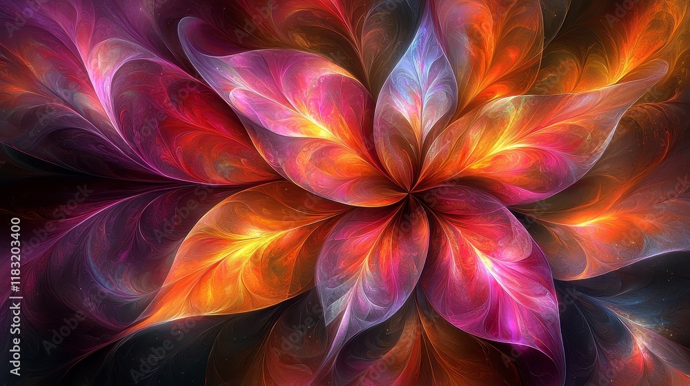 Vivid fractal flower with fiery orange, pink, and purple petals. Vivid fractal flower with fiery orange, pink, and purple petals.