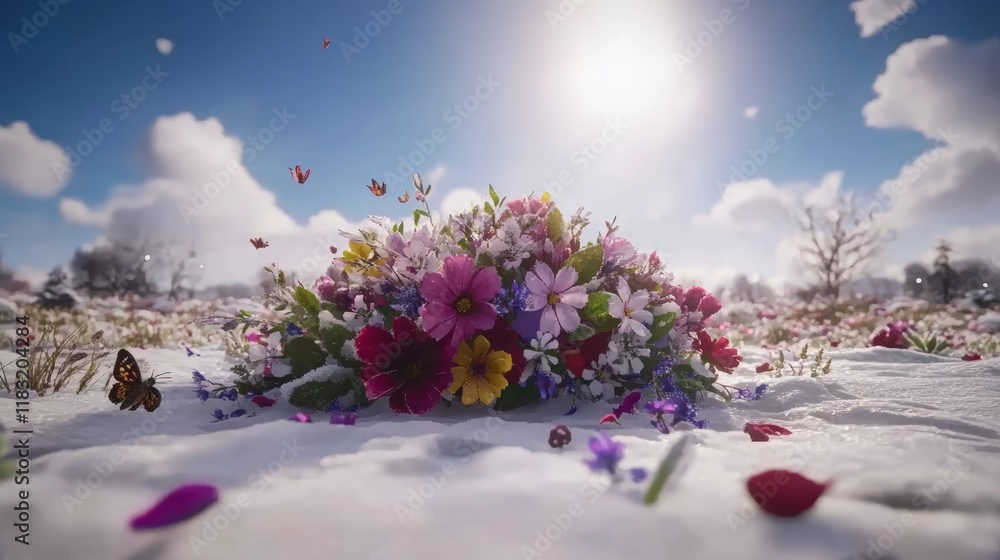 Obraz premium Winter Bouquet Snow Scene Butterflies Flowers