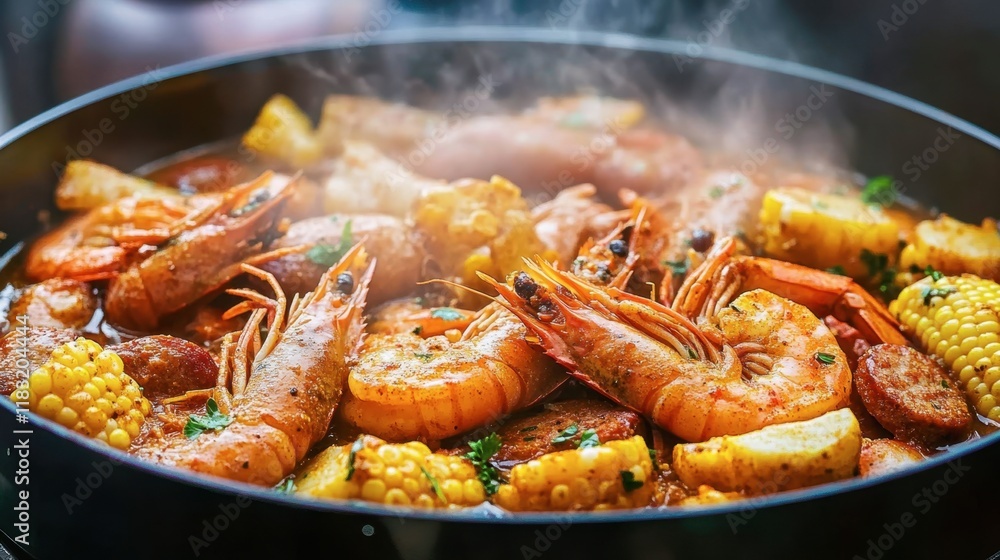 A steaming seafood boil with shrimp, sausage, corn, and potatoes in a spicy Cajun sauce. A steaming seafood boil with shrimp, sausage, corn, and potatoes in a spicy Cajun sauce.