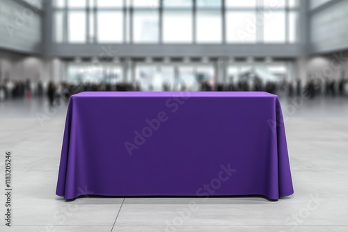 Purple Tablecloth Draped Over Table In Large Hall