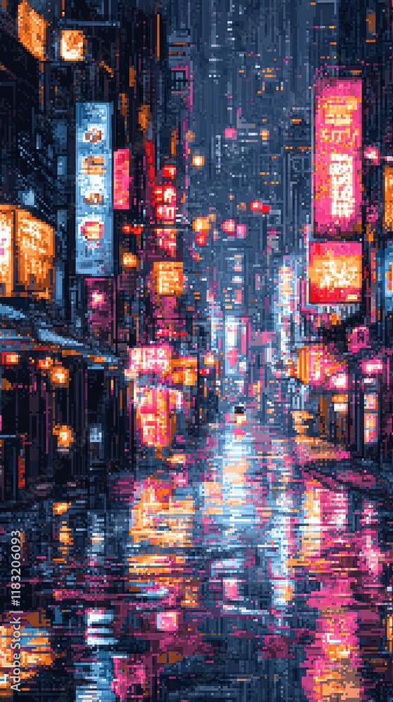 Obraz premium Rainy Night in Neon City: Pixel Art Streetscape