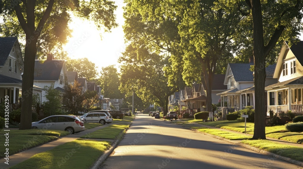 A sunny suburban neighborhood with homes featuring porches, wide streets, and tall trees offering shade. A sunny suburban neighborhood with homes featuring porches, wide streets, and tall trees offering shade.