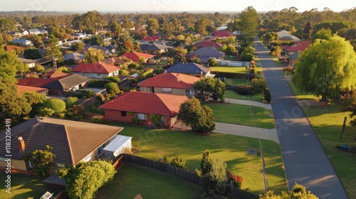 A sunny suburban street showcasing a peaceful community with classic homes and tidy green lawns.