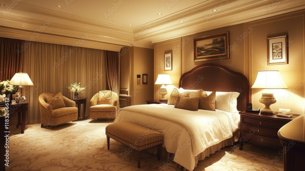 A spacious luxury bedroom with a beautiful upholstered bed, cozy armchairs, and soft ambient lighting for relaxation. A spacious luxury bedroom with a beautiful upholstered bed, cozy armchairs, and soft ambient lighting for relaxation.