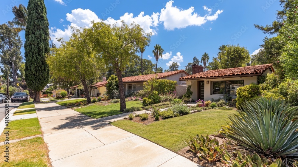 A sunny suburban view with elegant homes, a blue sky, and tree-lined sidewalks inviting a leisurely walk. A sunny suburban view with elegant homes, a blue sky, and tree-lined sidewalks inviting a leisurely walk.