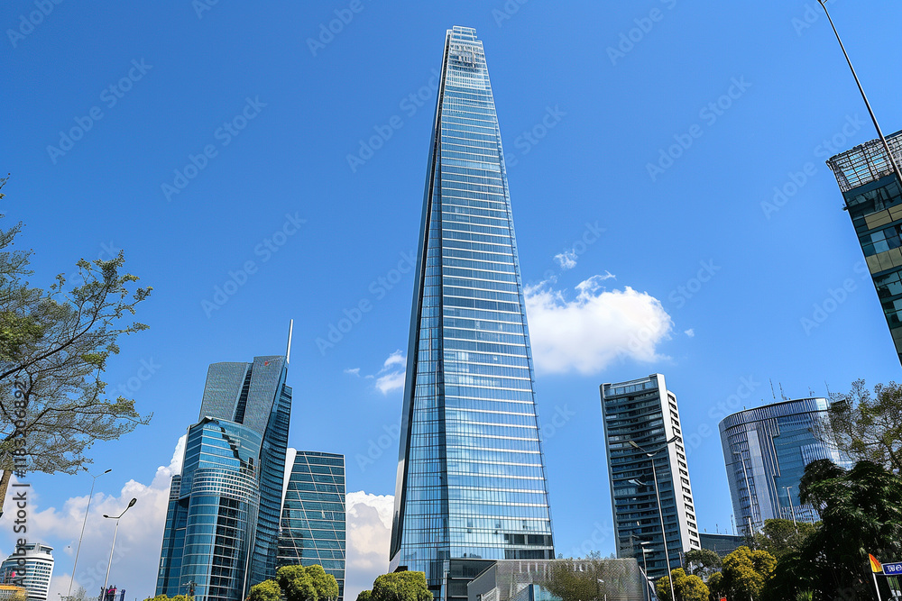Fototapeta premium A breathtaking view of stunning modern skyscrapers towering against a clear blue sky, showcasing contemporary architecture and urban vibrancy. Ideal for business and travel themes.