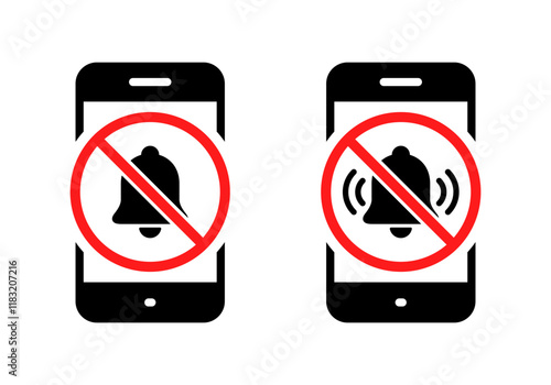 Bell forbidden on mobile phone screen icon. No notification sign symbol