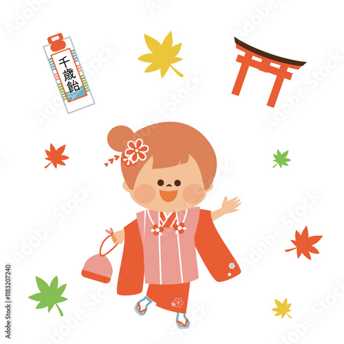 日本の七五三　日本の着物を着た3歳の女の子　かわいいイラスト